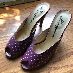 Vintage purple polka dot peep toe slide heels